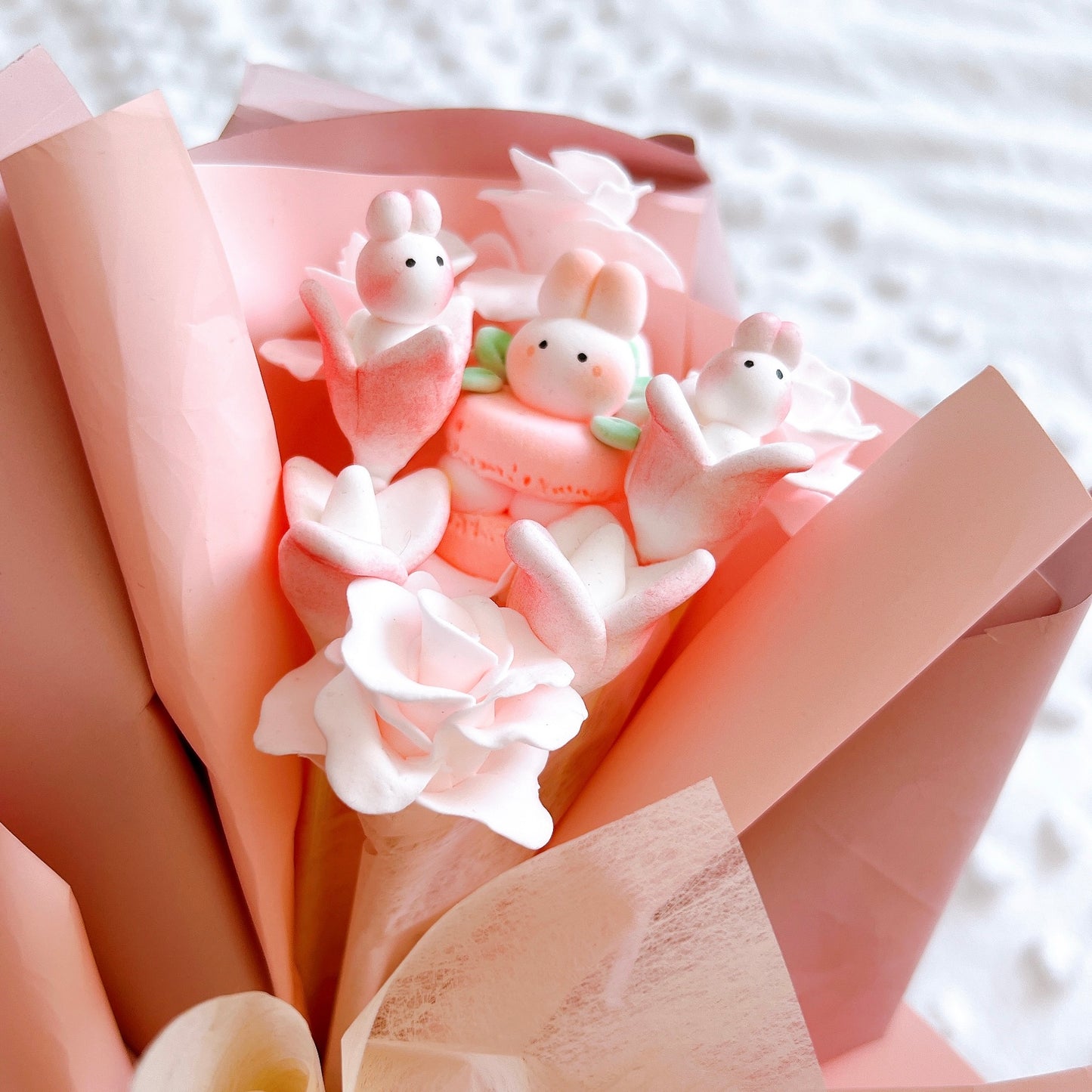 Pink macaron and tulip bunny clay bouquet (Large)